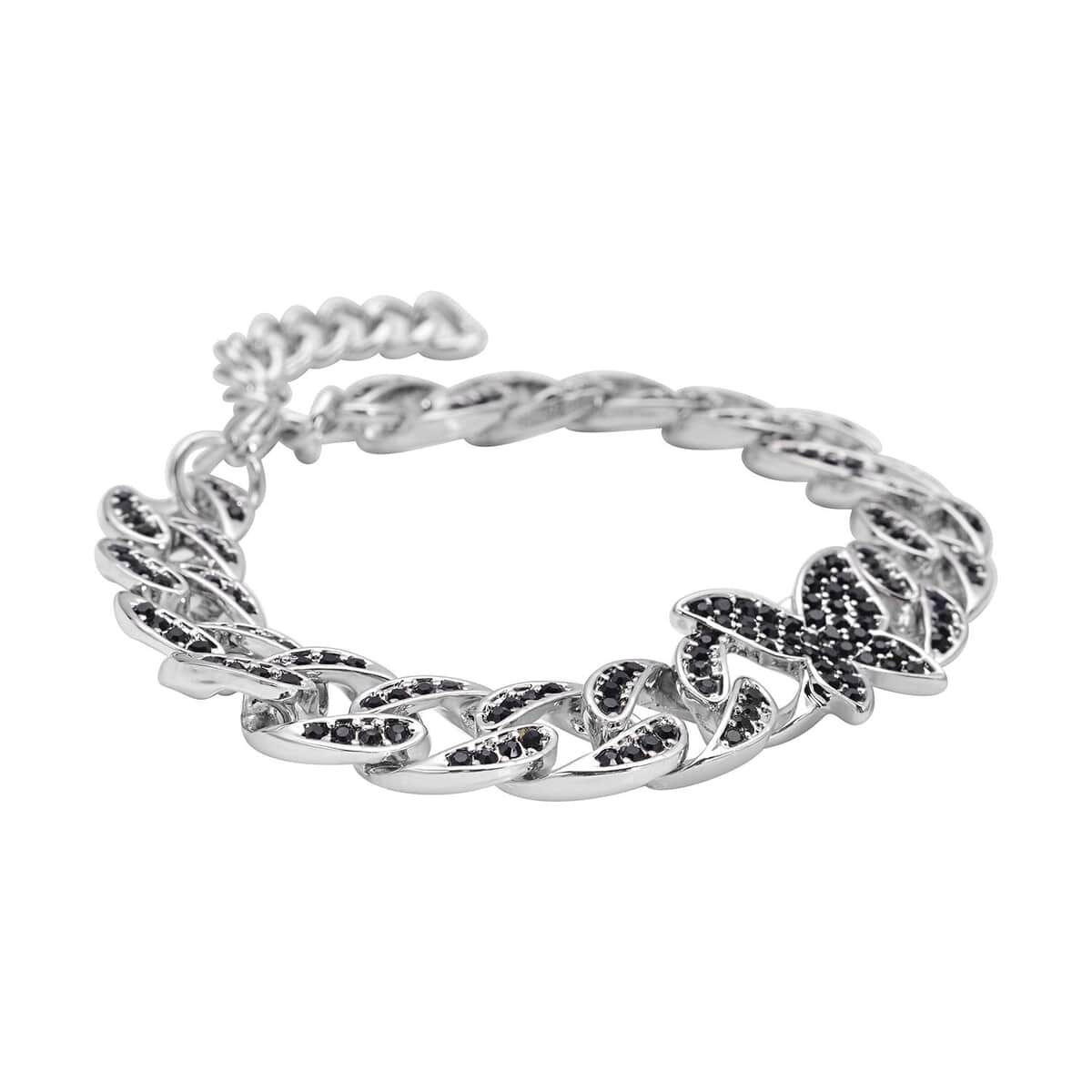 Black Austrian Crystal Curb Chain Bracelet with Butterfly Charm (7.5-9.5In) in Silvertone image number 2