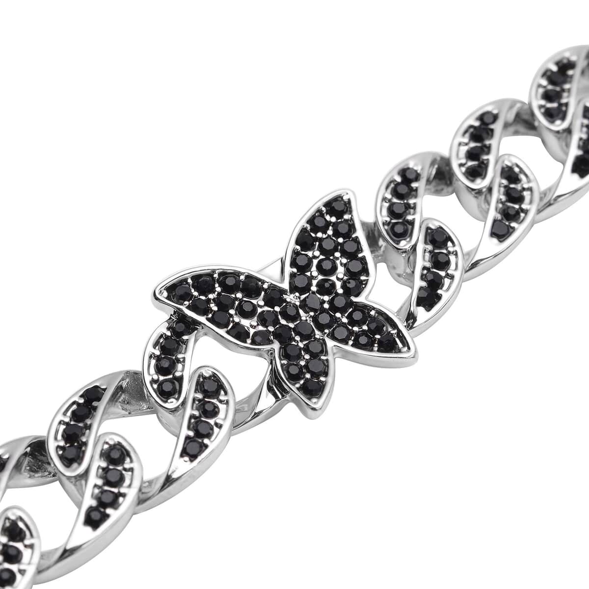 Black Austrian Crystal Curb Chain Bracelet with Butterfly Charm (7.5-9.5In) in Silvertone image number 3