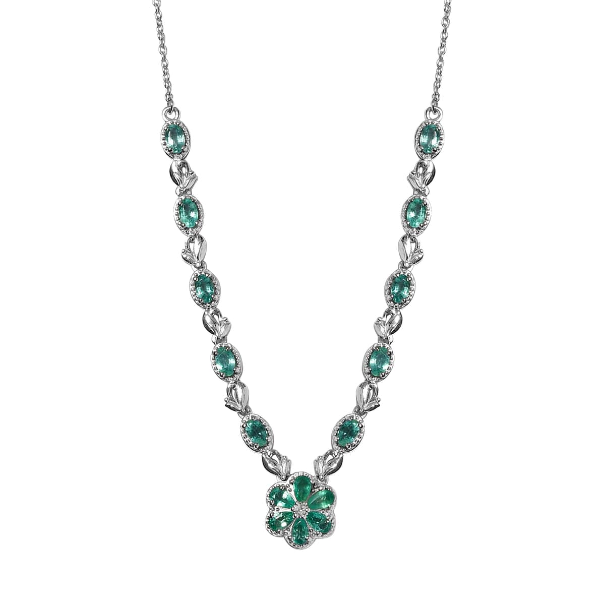 Boyaca Colombian Emerald and Natural White Zircon Necklace 18 Inches in Platinum Over Sterling Silver 3.15 ctw image number 0