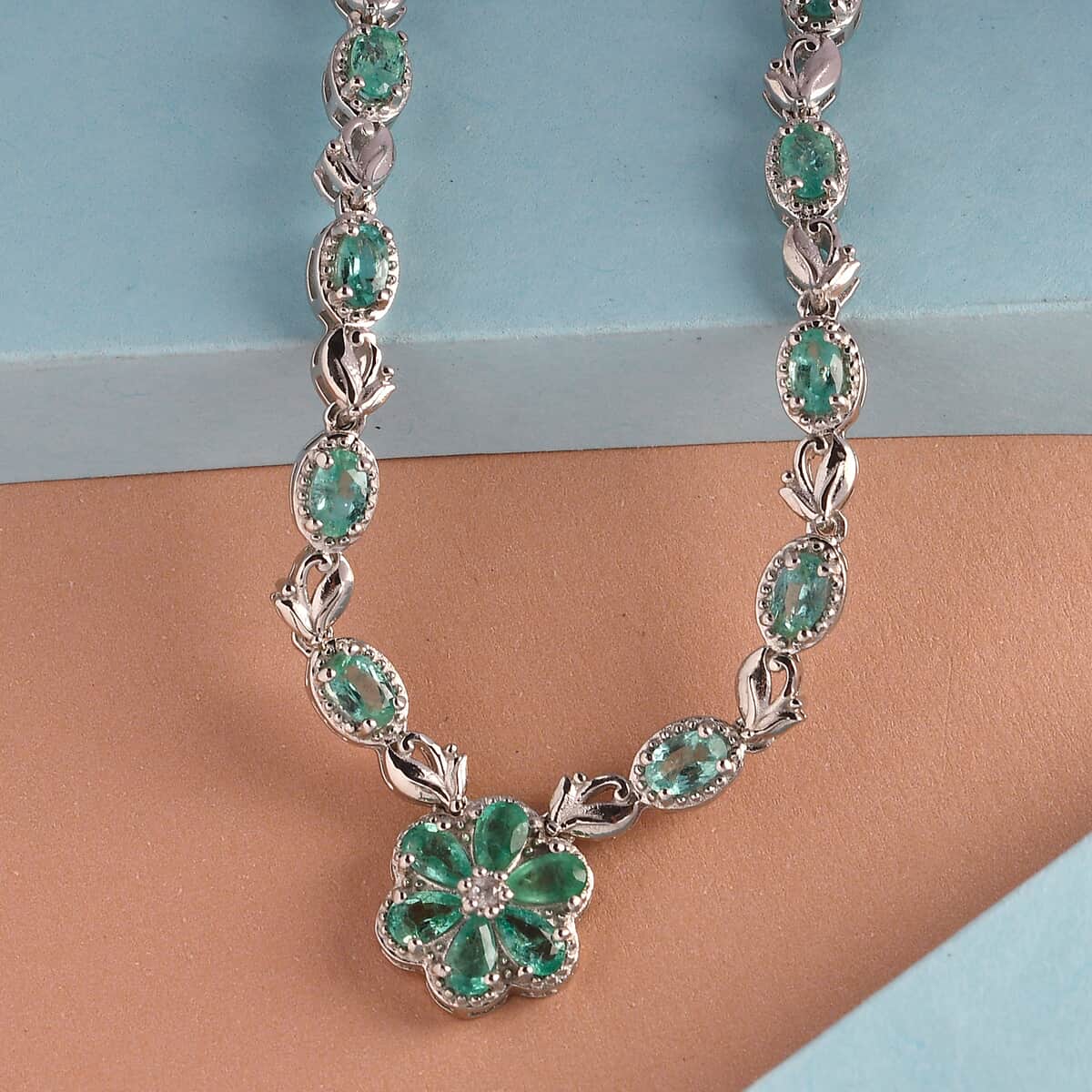 Boyaca Colombian Emerald and Natural White Zircon Necklace 18 Inches in Platinum Over Sterling Silver 3.15 ctw image number 1