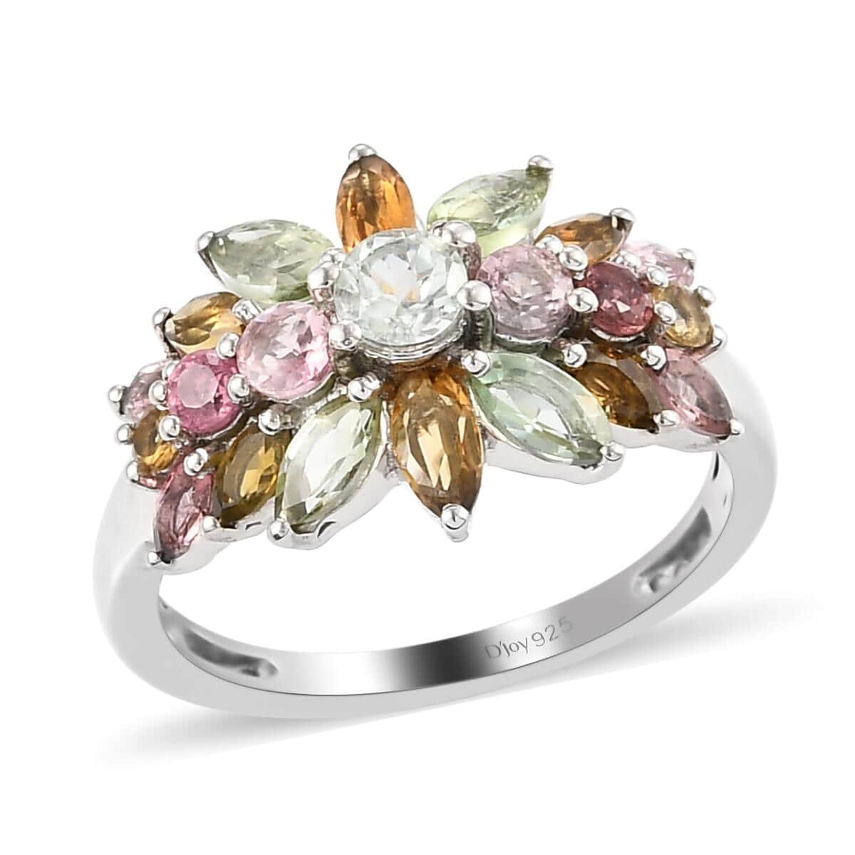 Multi-Tourmaline Floral Spray Ring in Platinum Over Sterling Silver (Size 9.0) 2.65 ctw image number 0