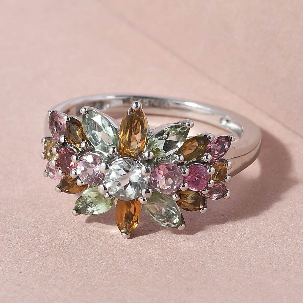 Multi-Tourmaline Floral Spray Ring in Platinum Over Sterling Silver (Size 9.0) 2.65 ctw image number 1