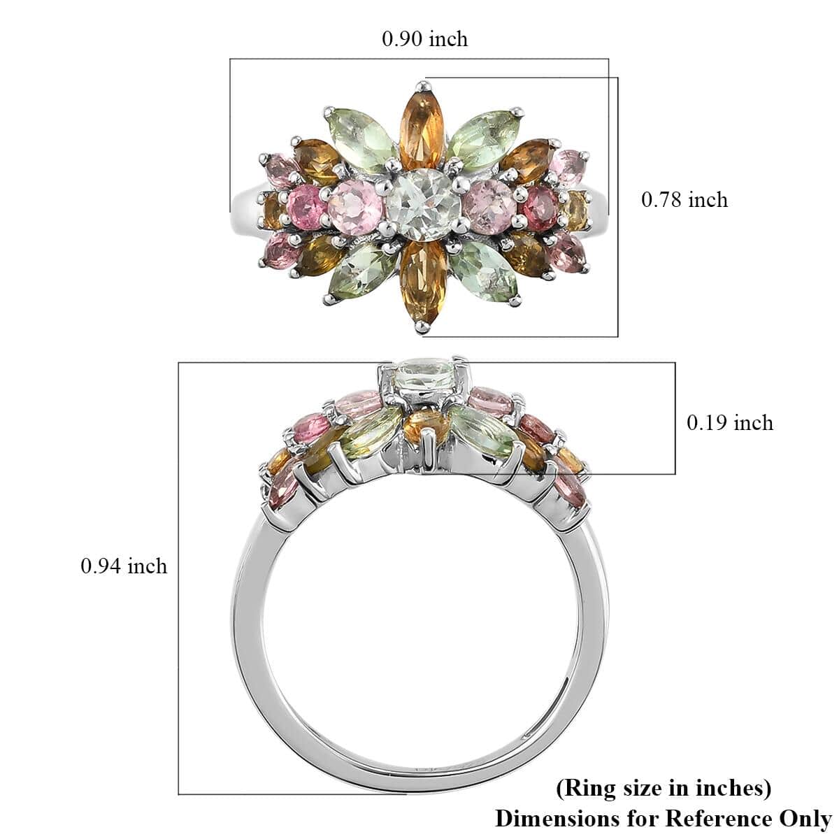 Multi-Tourmaline Floral Spray Ring in Platinum Over Sterling Silver (Size 9.0) 2.65 ctw image number 5