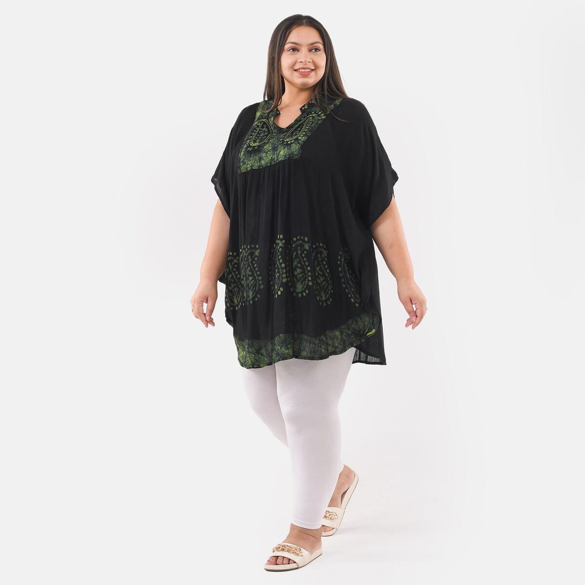 Tamsy Green Embroidery Tie Dye Bat Kaftan - One Size Fits Most image number 2