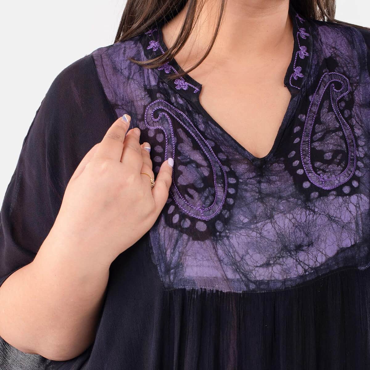 Tamsy Black and Purple Embroidery Tie Dye Bat Kaftan - One Size Fits Most image number 3