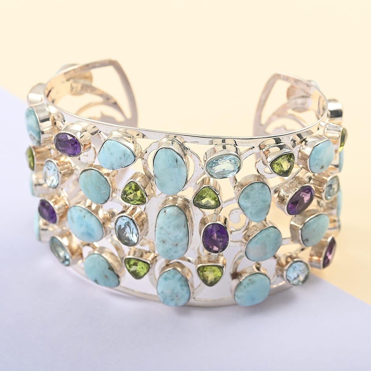 Larimar and Multi Gemstone Cuff Bracelet in Sterling Silver (7.00 In) 76.70 Grams 108.40 ctw image number 1