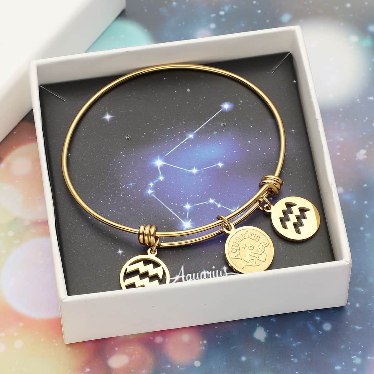 Aquarius Zodiac Bangle Bracelet Gift Set in ION Plated Yellow Gold Stainless Steel (6-9 in) image number 0