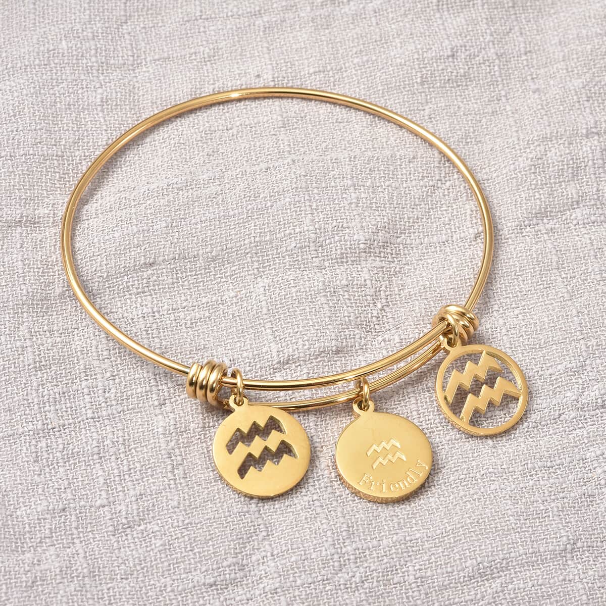 Aquarius Zodiac Bangle Bracelet Gift Set in ION Plated Yellow Gold Stainless Steel (6-9 in) image number 2