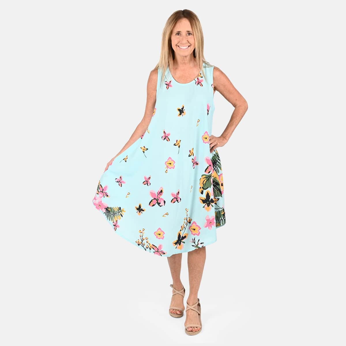 Tamsy Sky Blue Floral Screen Printed Umbrella Dress - One Size Fits Most image number 0