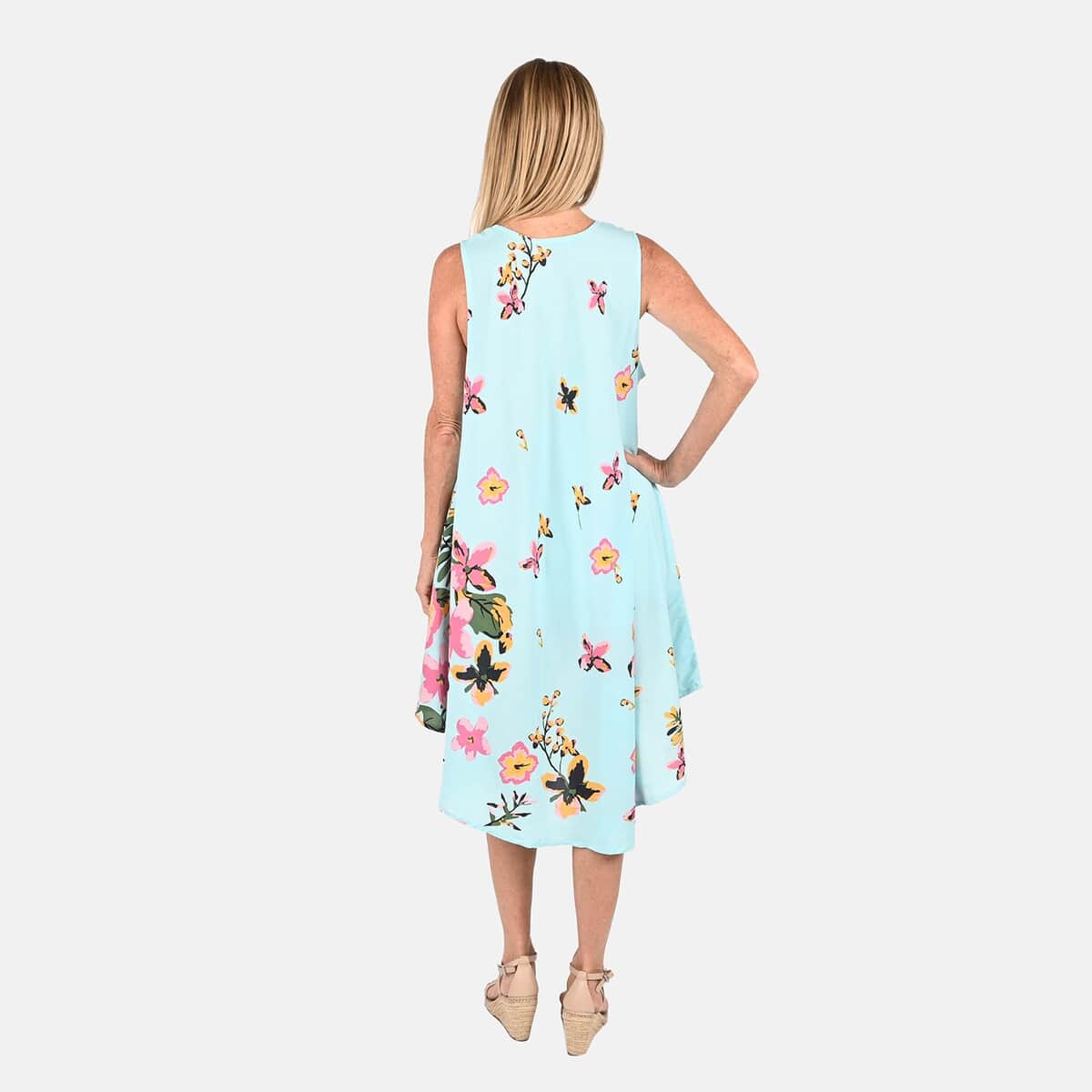 Tamsy Sky Blue Floral Screen Printed Umbrella Dress - One Size Fits Most image number 1