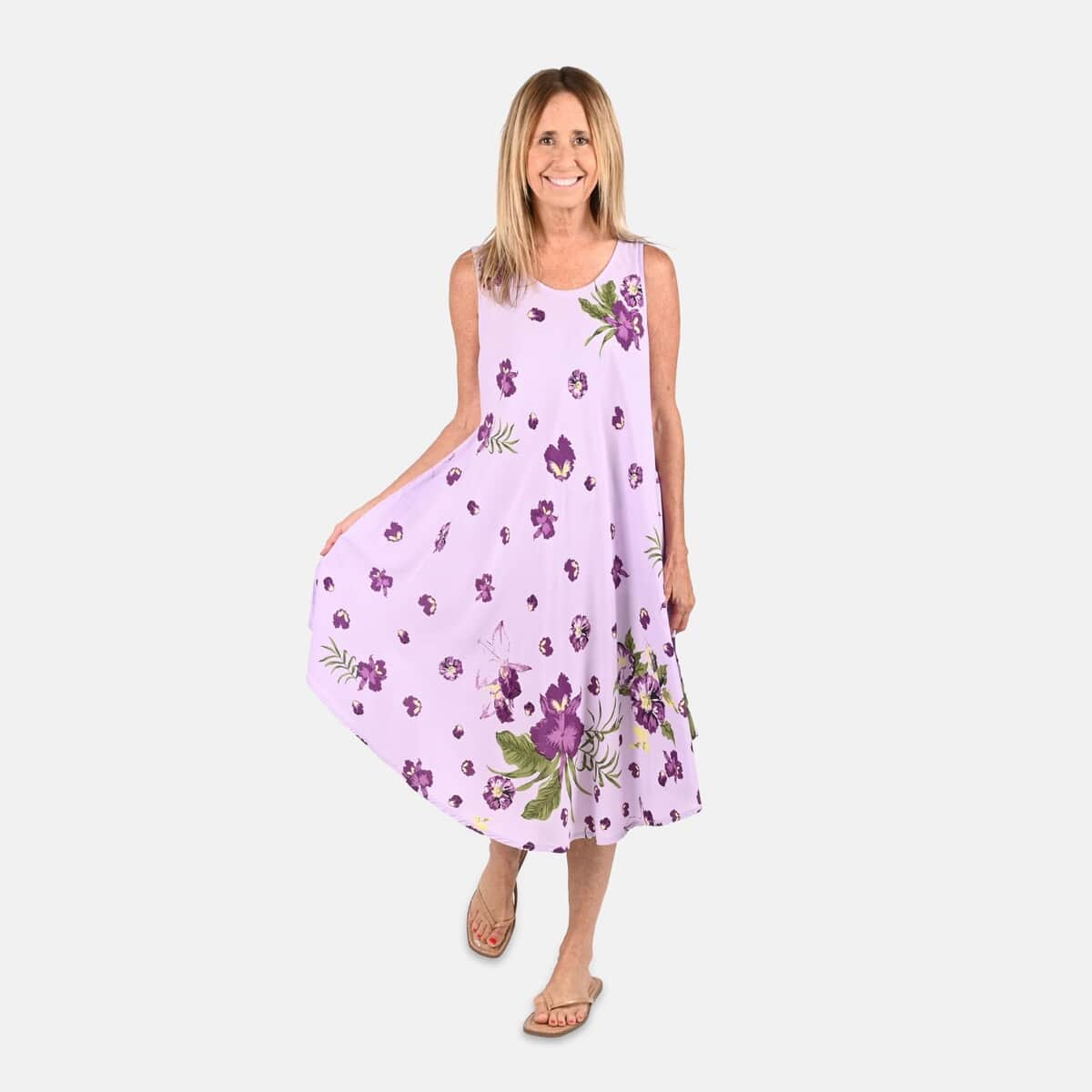 Tamsy Purple Floral Screen Printed Umbrella Dress - One Size Fits Most image number 0