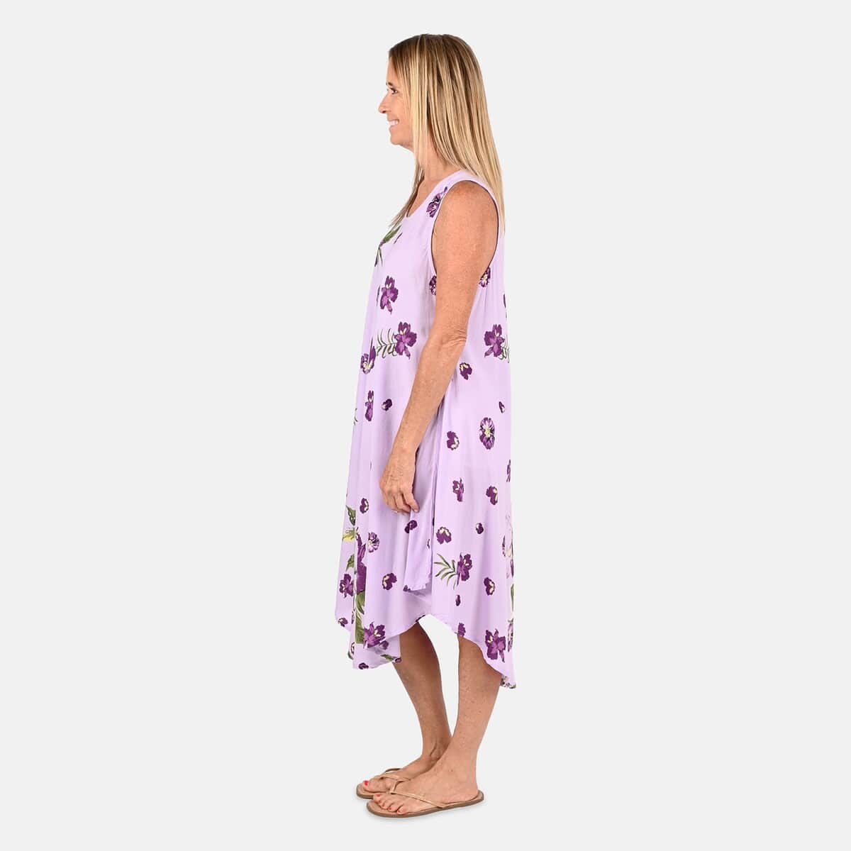 Tamsy Purple Floral Screen Printed Umbrella Dress - One Size Fits Most image number 2