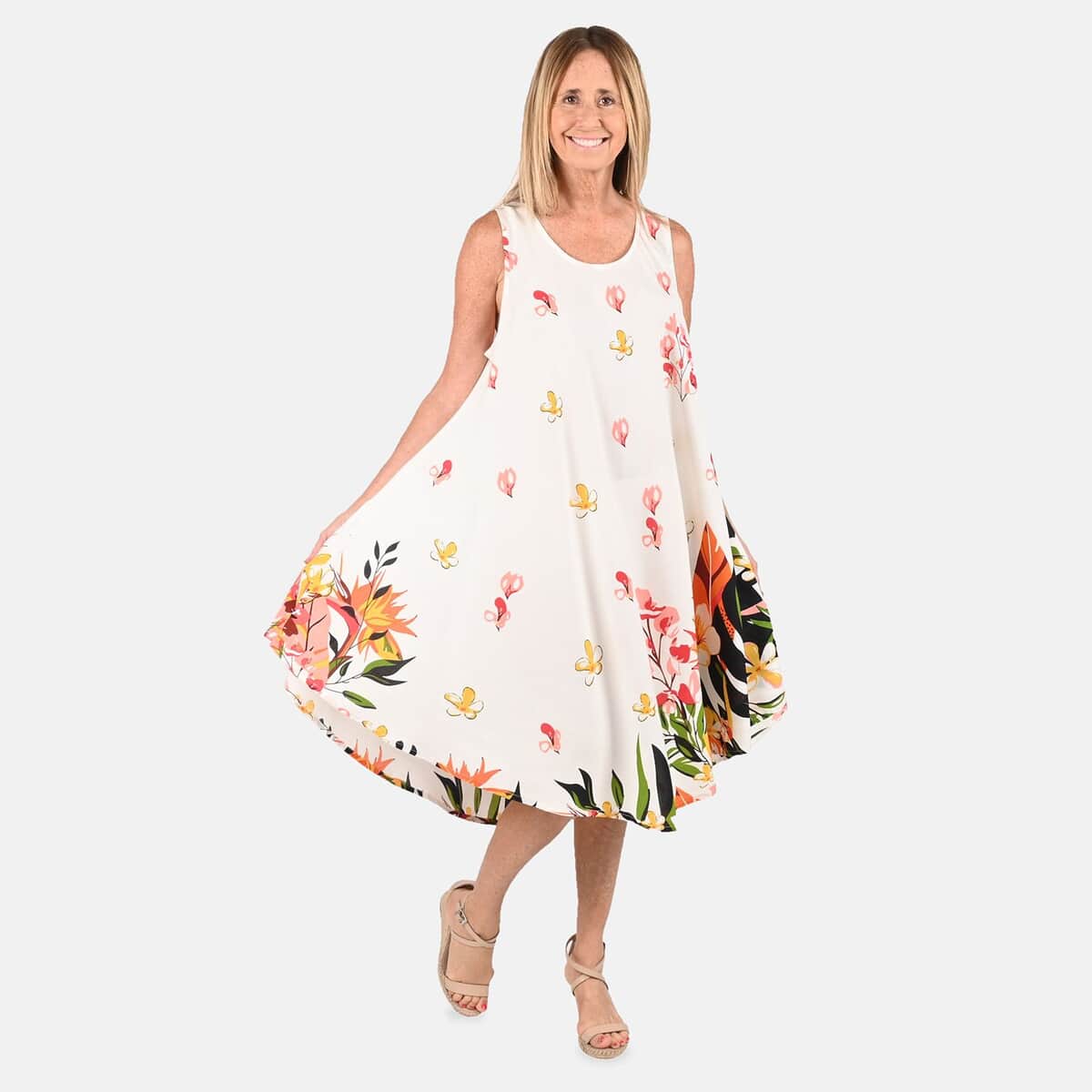 Tamsy White Floral Screen Printed Umbrella Dress - One Size Fits Most image number 0