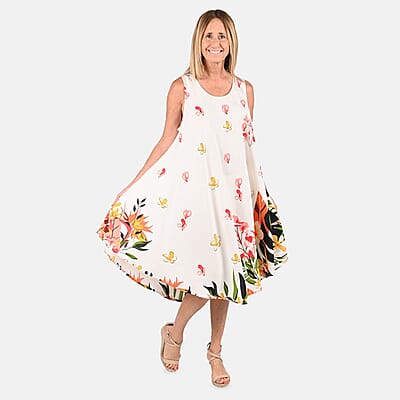 Tamsy White Floral Screen Printed Umbrella Dress - One Size Fits Most