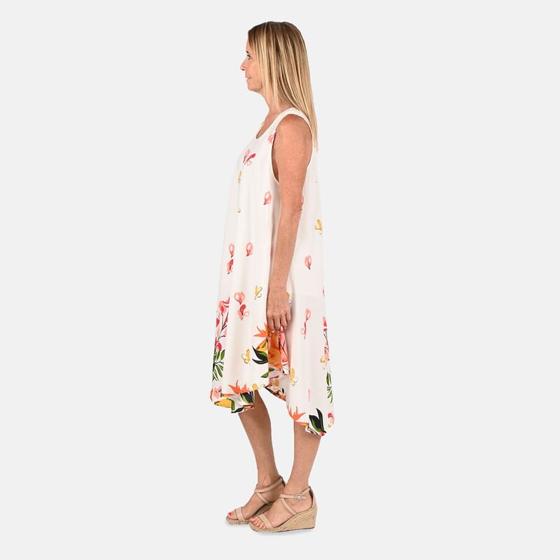 Tamsy White Floral Screen Printed Umbrella Dress - One Size Fits Most