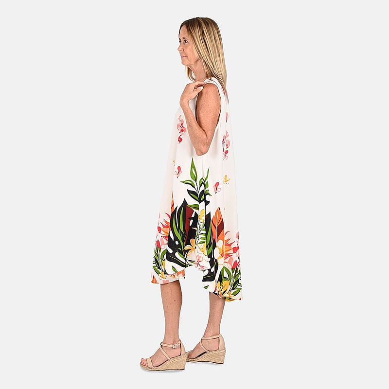 Tamsy White Floral Screen Printed Umbrella Dress - One Size Fits Most