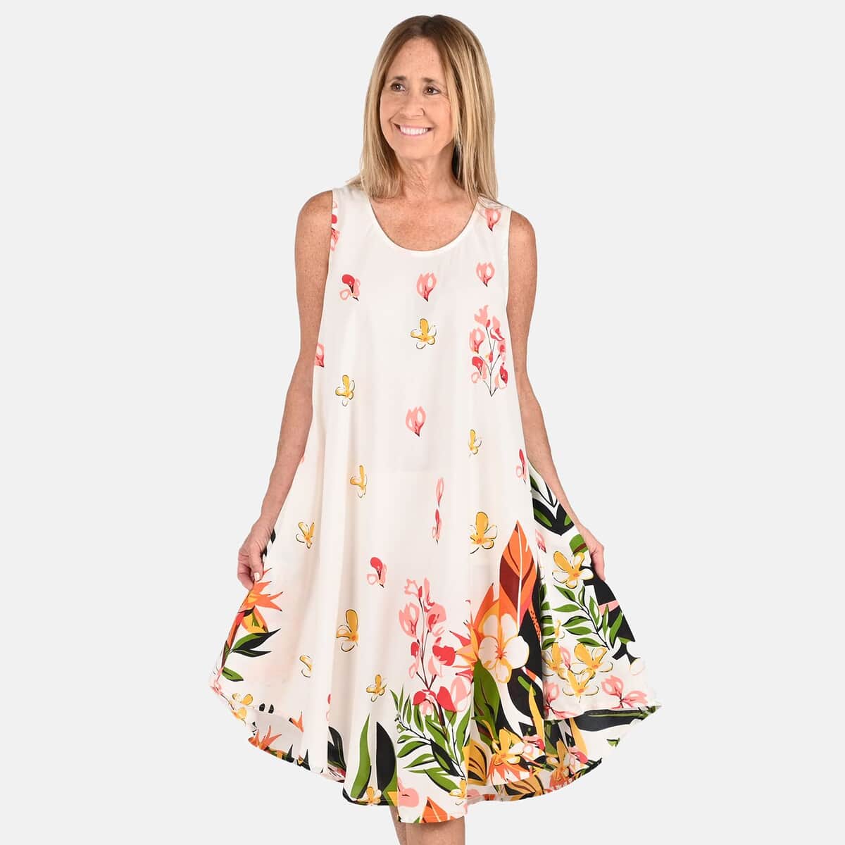 Tamsy White Floral Screen Printed Umbrella Dress - One Size Fits Most image number 3