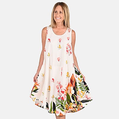 Tamsy White Floral Screen Printed Umbrella Dress - One Size Fits Most