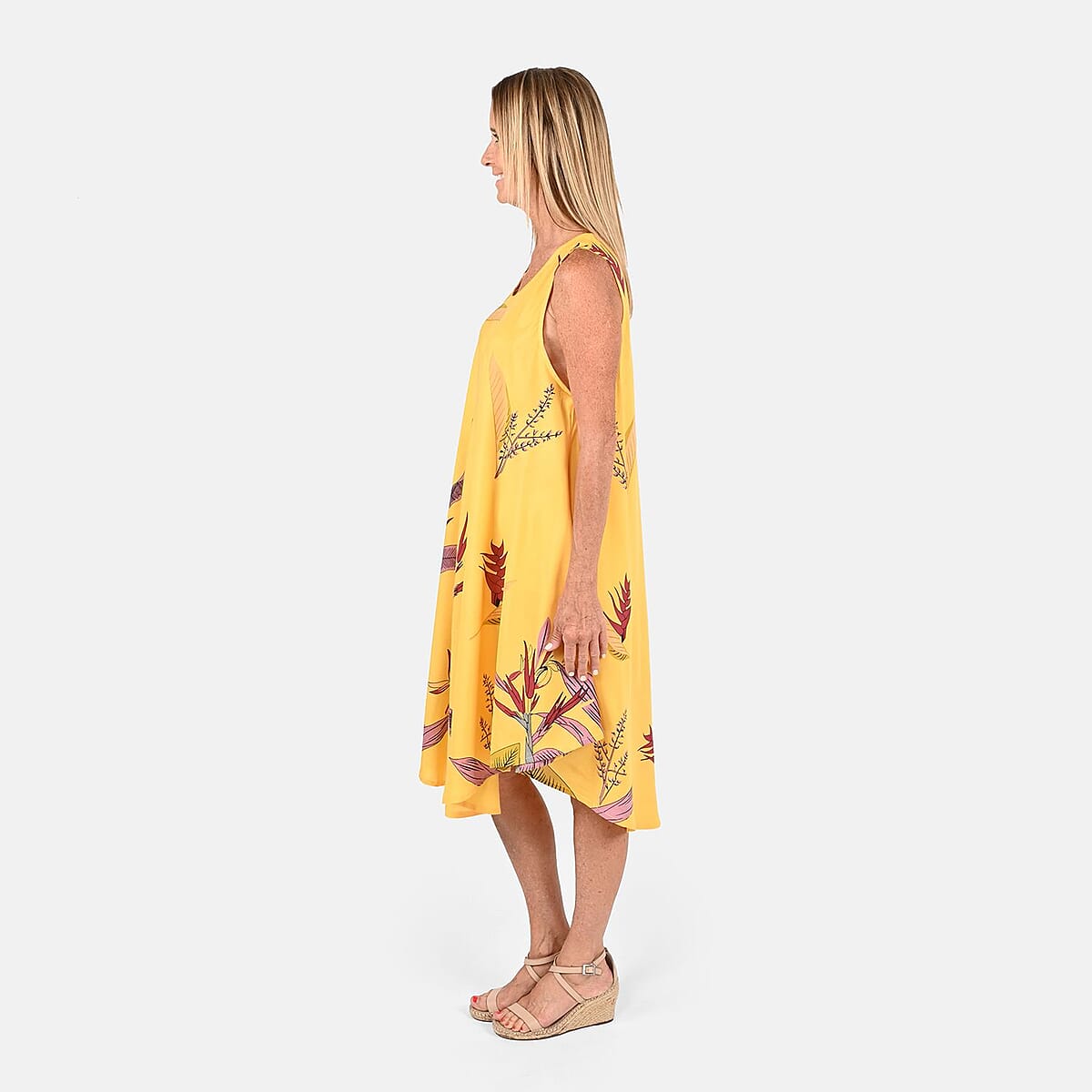 Tamsy Mustard Floral Screen Printed Umbrella Dress - One Size Fits Most image number 2