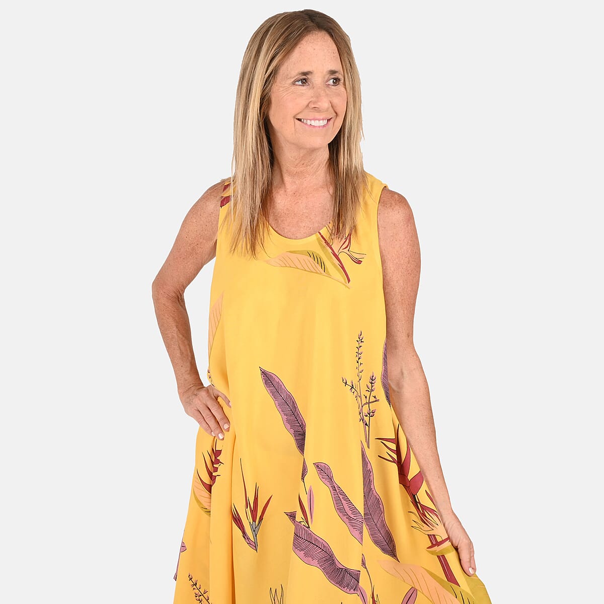 Tamsy Mustard Floral Screen Printed Umbrella Dress - One Size Fits Most image number 3
