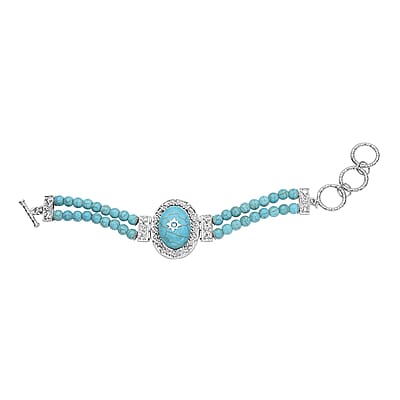 Blue Howlite and Light Blue Austrian Crystal Two Row Beaded Bracelet in Silvertone (7-8.5In) 53.00 ctw