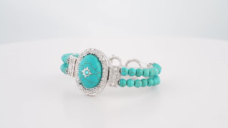 Blue Howlite and Light Blue Austrian Crystal Two Row Beaded Bracelet in Silvertone (7-8.5In) 53.00 ctw