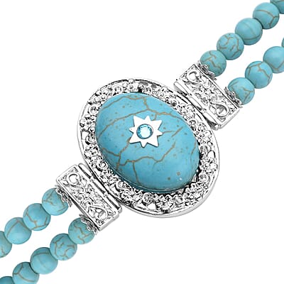 Blue Howlite and Light Blue Austrian Crystal Two Row Beaded Bracelet in Silvertone (7-8.5In) 53.00 ctw