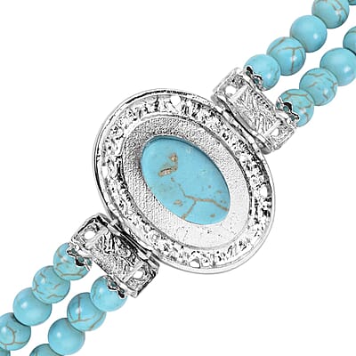 Blue Howlite and Light Blue Austrian Crystal Two Row Beaded Bracelet in Silvertone (7-8.5In) 53.00 ctw