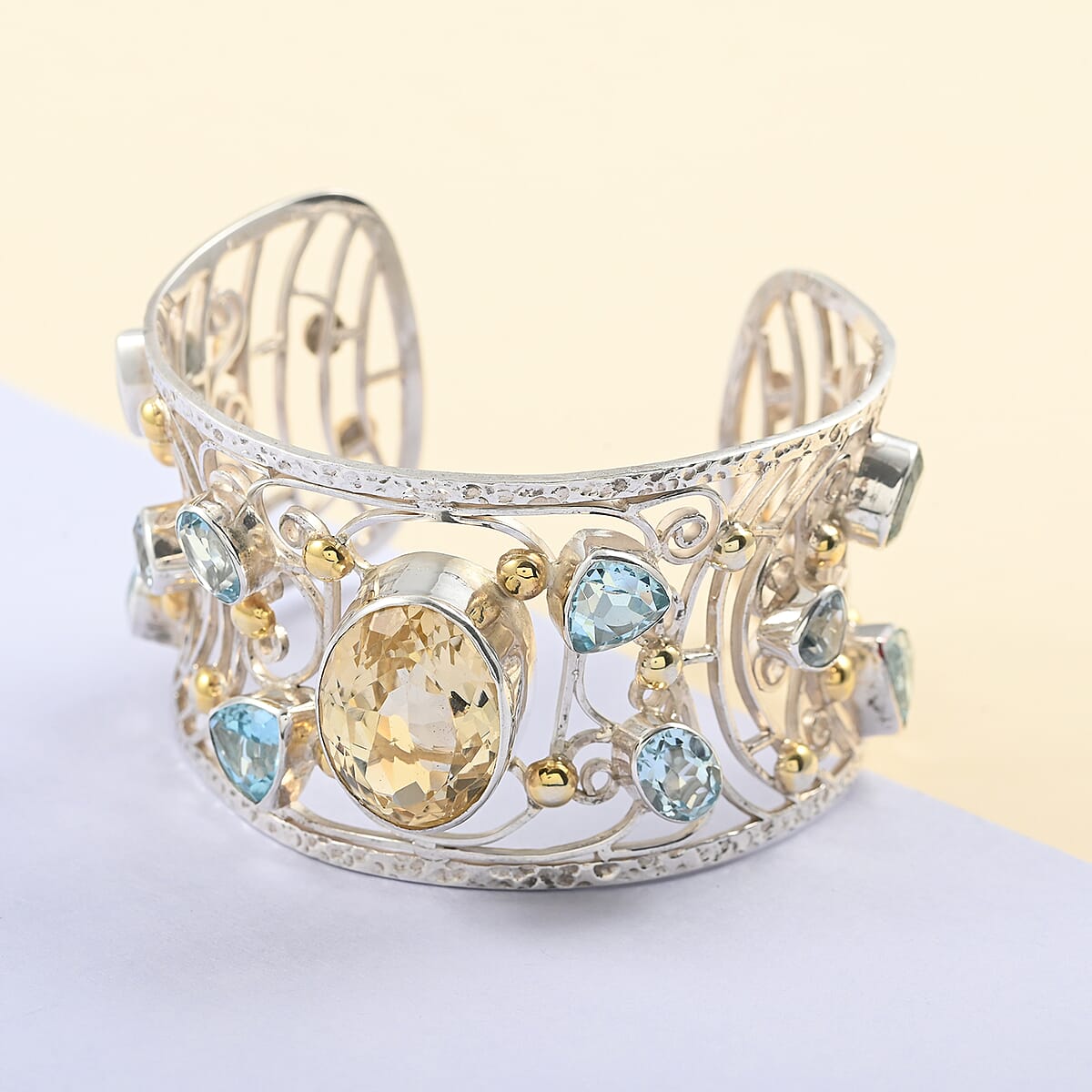 Brazilian Citrine and Blue Topaz Cuff Bracelet in 14K Yellow Gold Over and Sterling Silver (7.00 In) 65 Grams 31.00 ctw image number 1