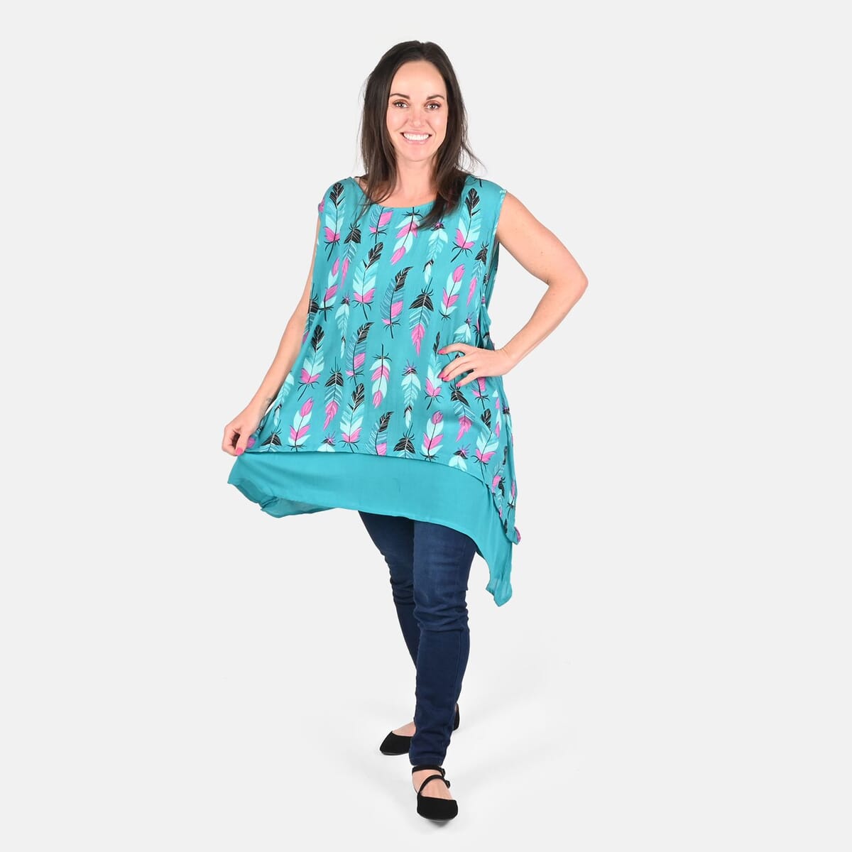 Tamsy Turquoise Feather Print Top - One Size Missy image number 0