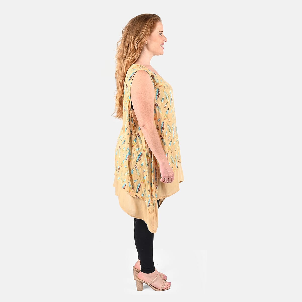 Tamsy Beige Feather Print Top - One Size Missy image number 2