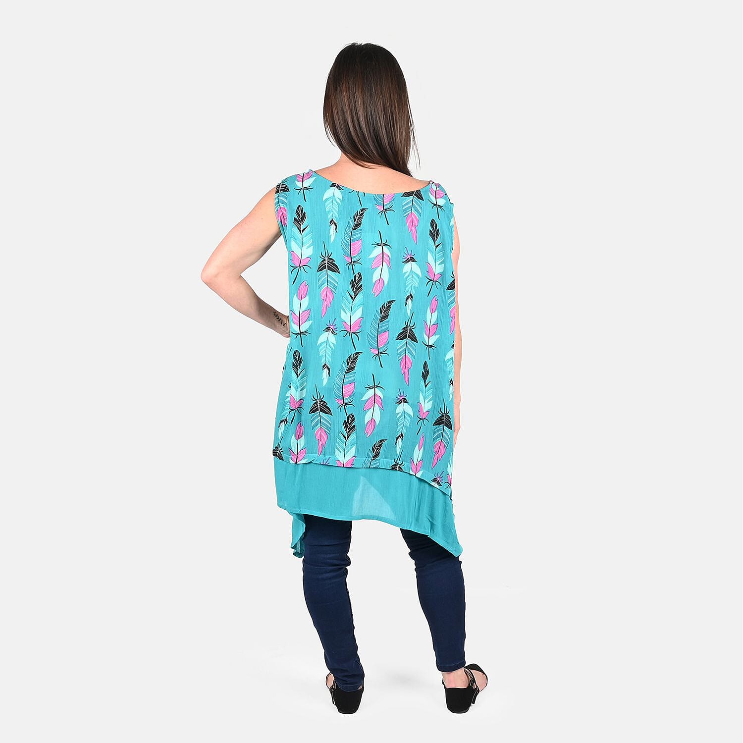 TAMSY Turquoise Rayon Printed Tunic Sleeveless Scoop Neck Top-One Size Plus - Picture 2 of 6