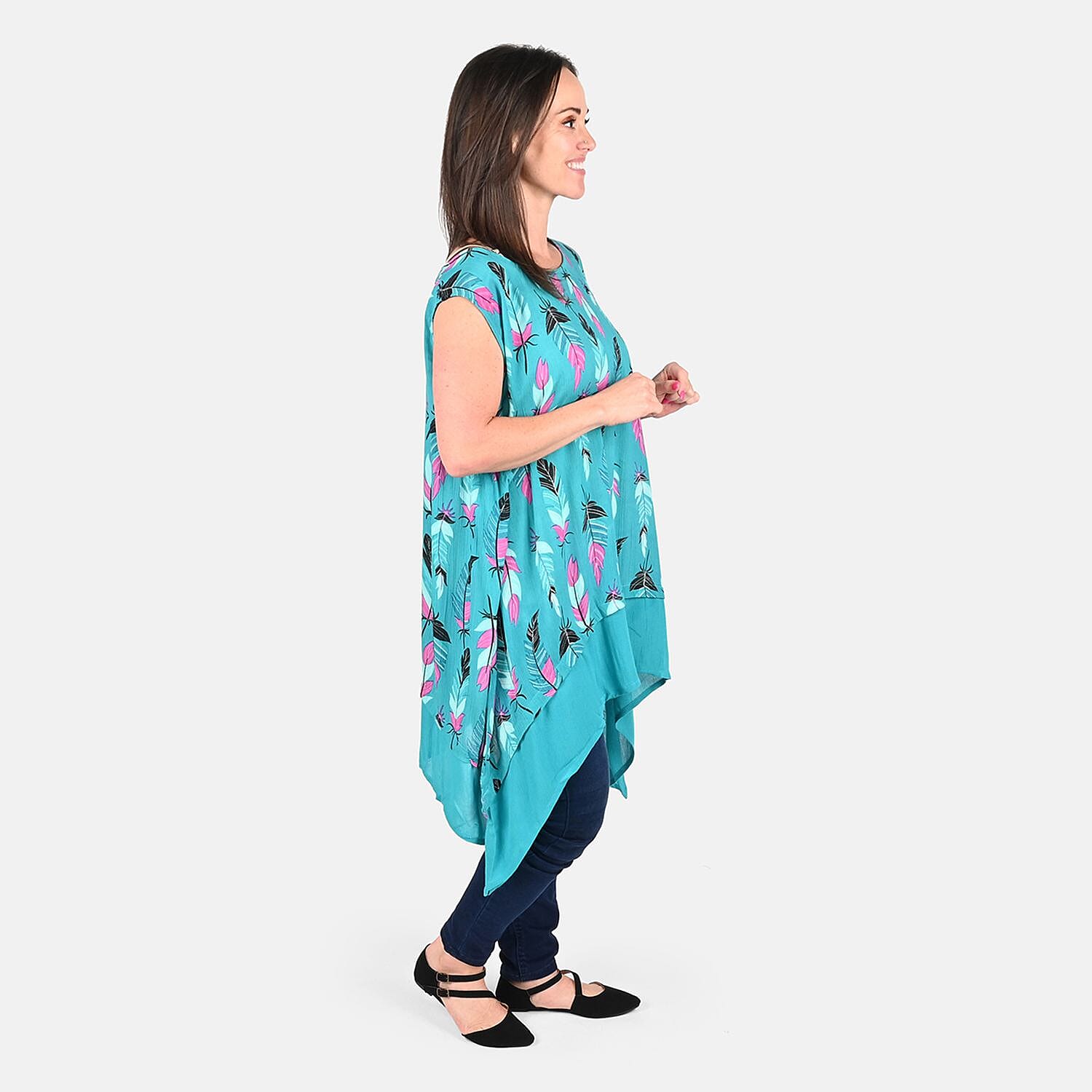 TAMSY Turquoise Rayon Printed Tunic Sleeveless Scoop Neck Top-One Size Plus - Picture 3 of 6