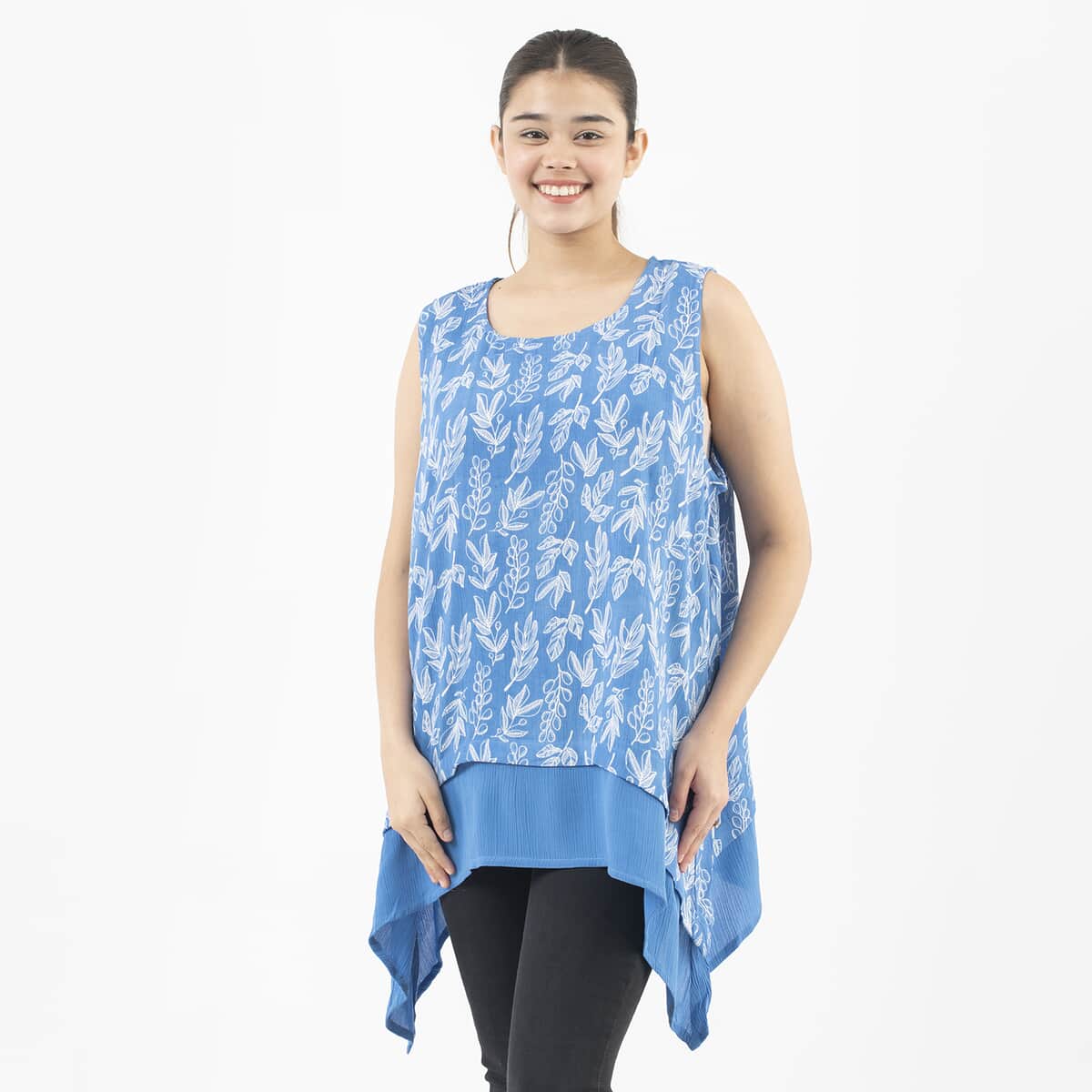 Tamsy Blue Leaf Print Top - One Size Plus image number 2