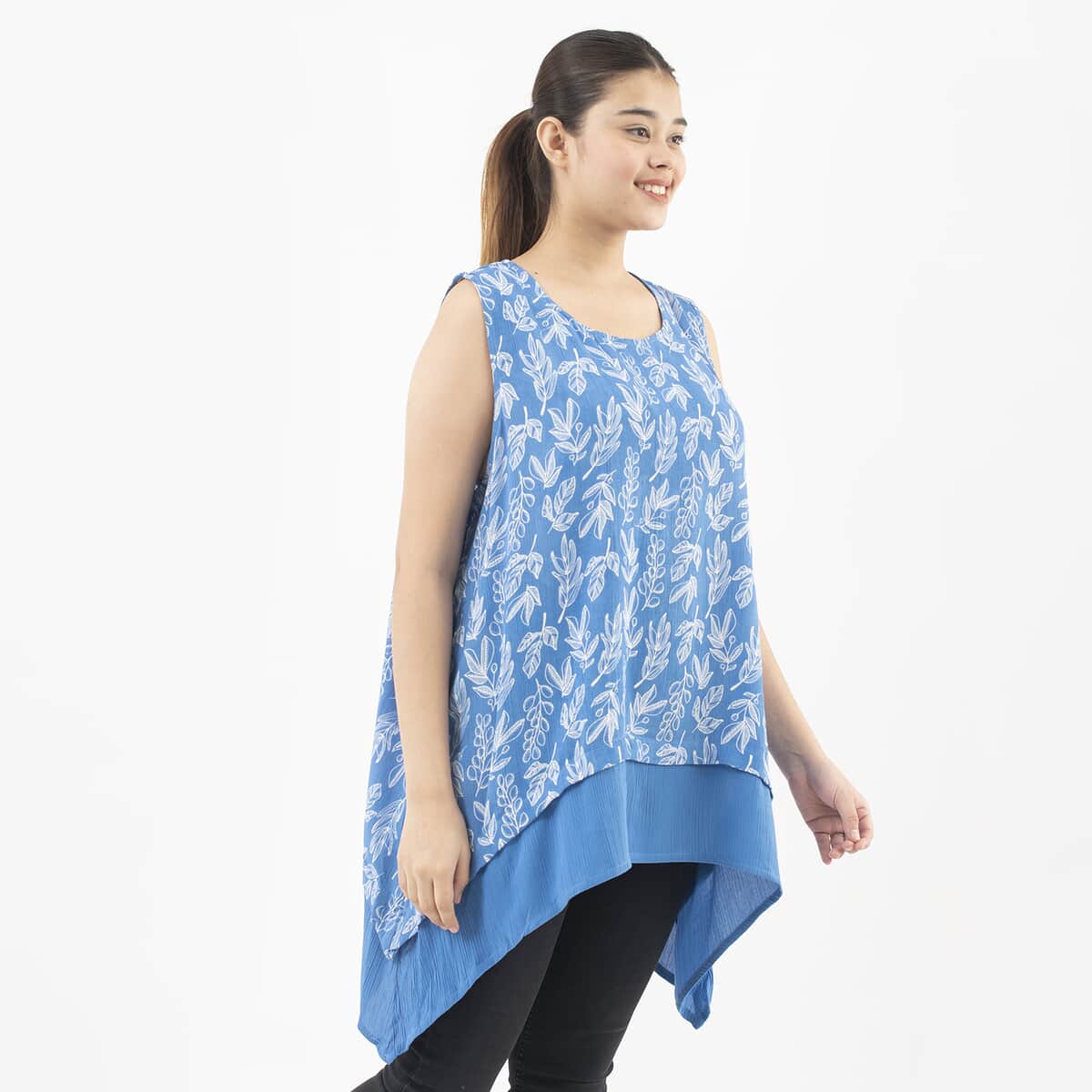 Tamsy Blue Leaf Print Top - One Size Plus image number 3