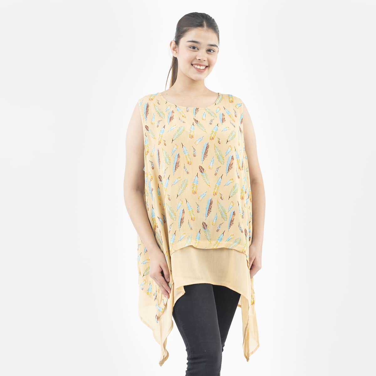 Tamsy Beige Feather Print Top - One Size Plus image number 2