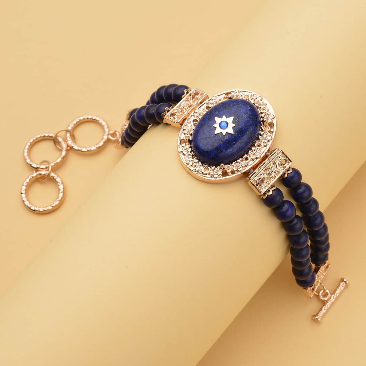 Lapis Lazuli and Blue Austrian Crystal Two Row Beaded Bracelet in Goldtone (7-8.5In) 75.00 ctw image number 1