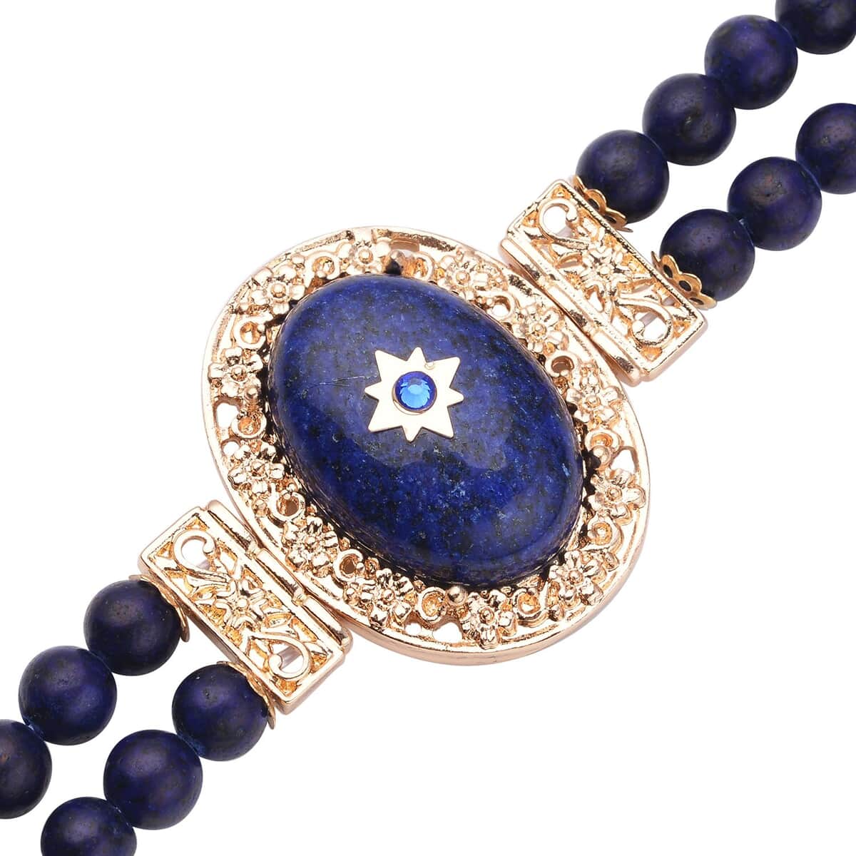 Lapis Lazuli and Blue Austrian Crystal Two Row Beaded Bracelet in Goldtone (7-8.5In) 75.00 ctw image number 2