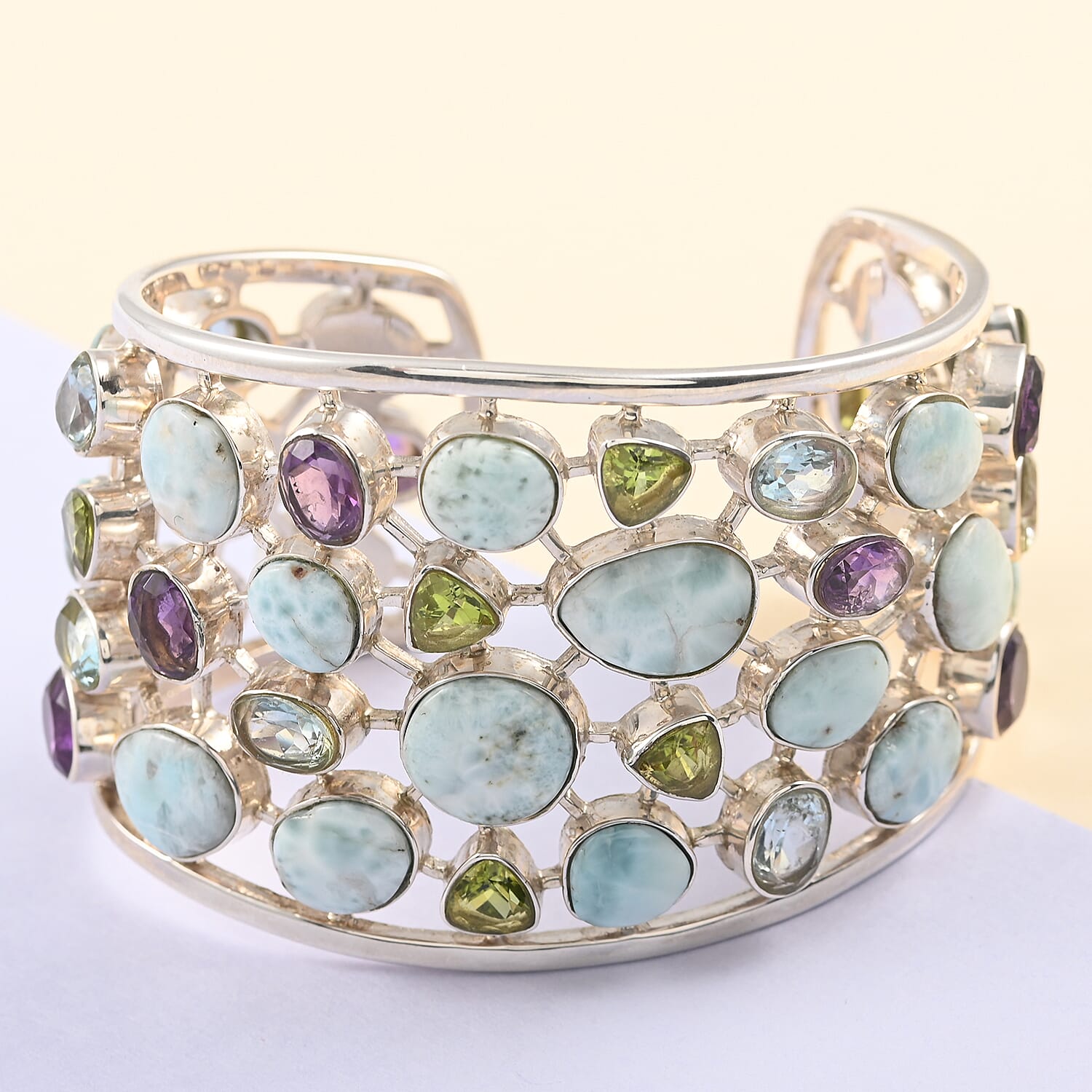Larimar and Multi Gemstone Cuff Bracelet in Sterling Silver (6.75 In) 58.40 ctw
