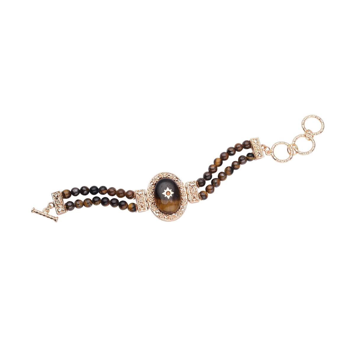 Yellow Tiger's Eye and Brown Austrian Crystal Two Row Beaded Bracelet in Goldtone (7-8.5In) 79.00 ctw image number 0