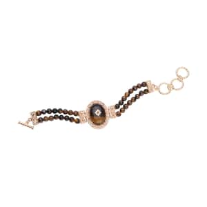Yellow Tiger's Eye and Brown Austrian Crystal Two Row Beaded Bracelet in Goldtone (7-8.5In) 79.00 ctw