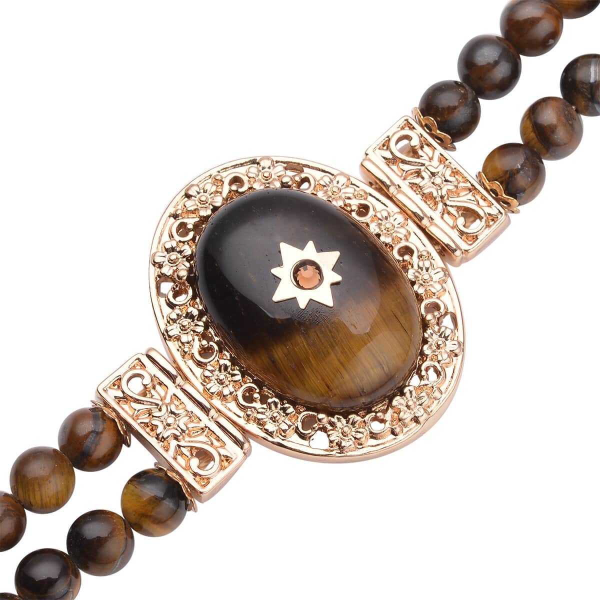 Yellow Tiger's Eye and Brown Austrian Crystal Two Row Beaded Bracelet in Goldtone (7-8.5In) 79.00 ctw image number 2