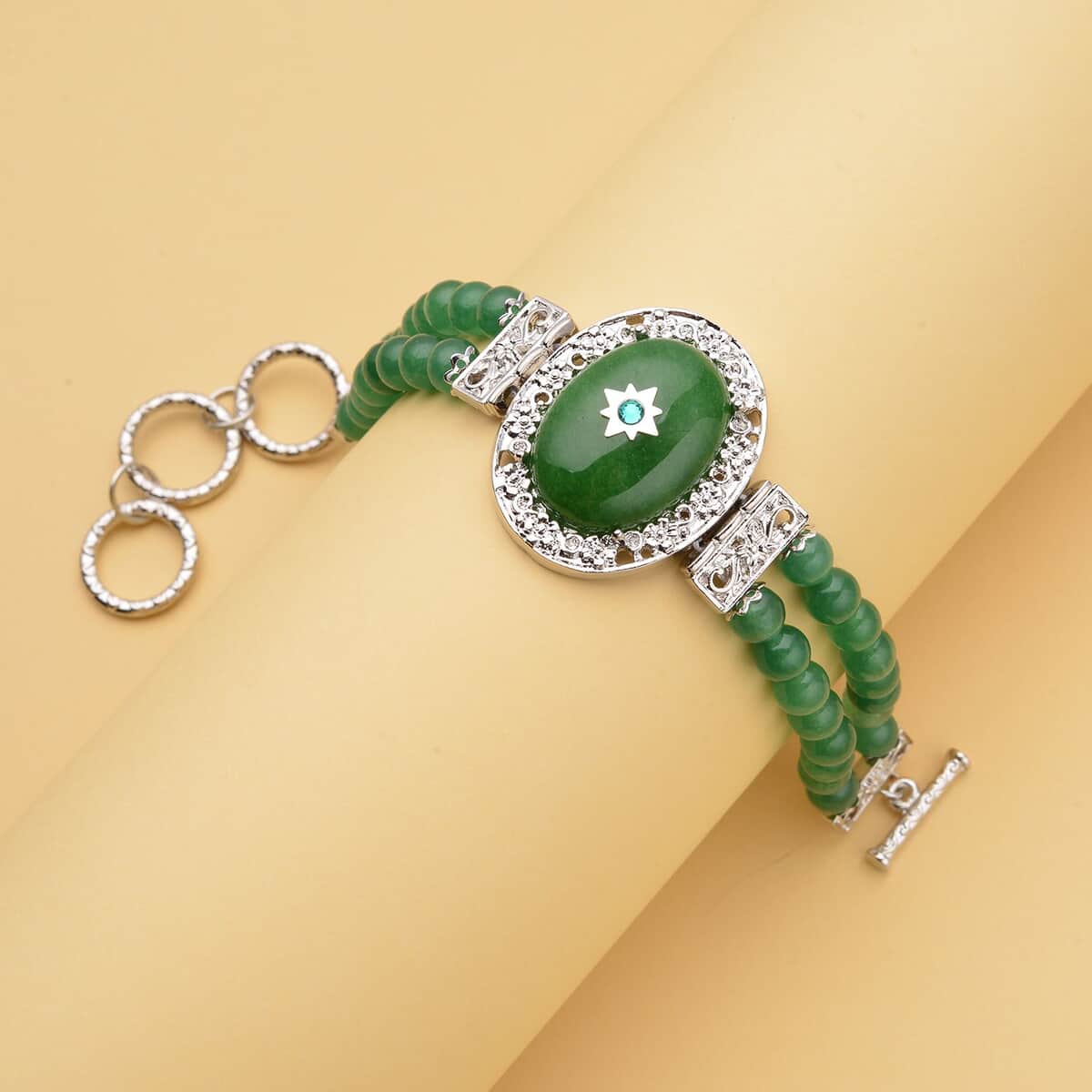Green Aventurine and Neon Green Austrian Crystal Two Row Beaded Bracelet in Silvertone (7-8.5In) 73.00 ctw image number 1
