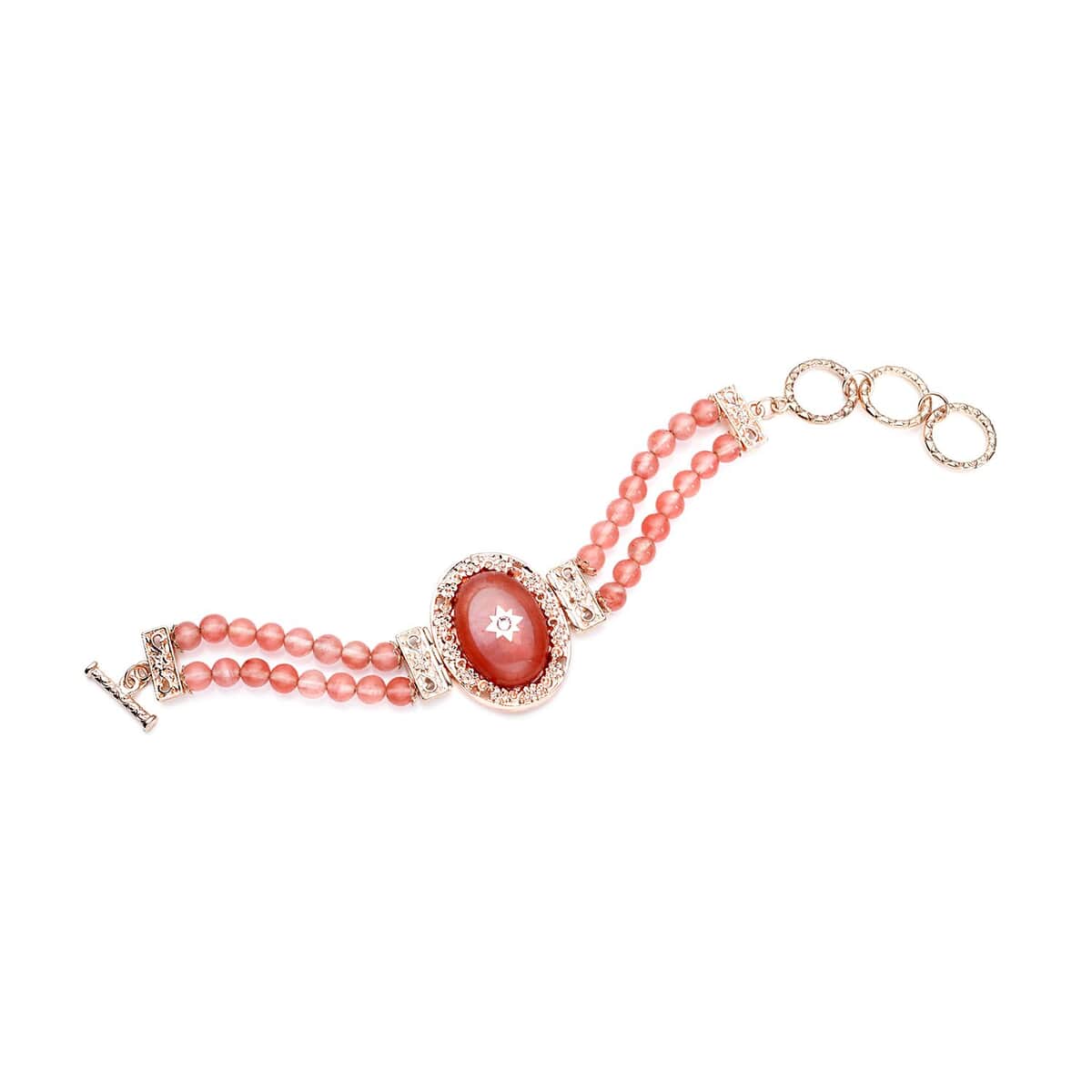 Cherry Quartz and Pink Austrian Crystal Two Row Beaded Bracelet in Rosetone (7-8.5In) 57.00 ctw image number 0