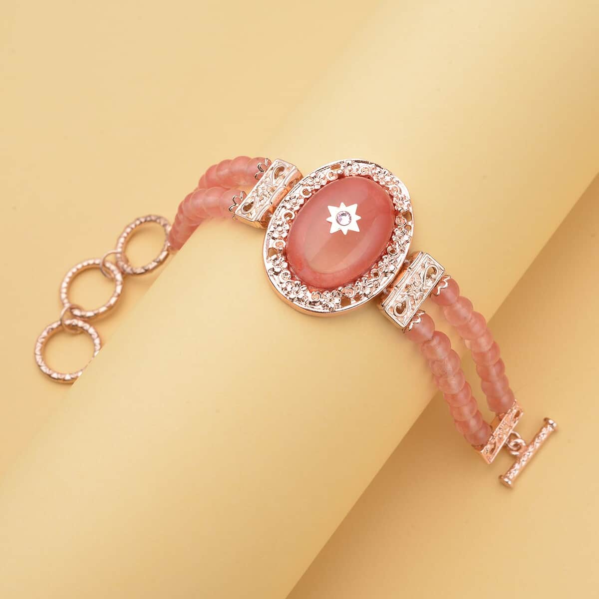 Cherry Quartz and Pink Austrian Crystal Two Row Beaded Bracelet in Rosetone (7-8.5In) 57.00 ctw image number 1