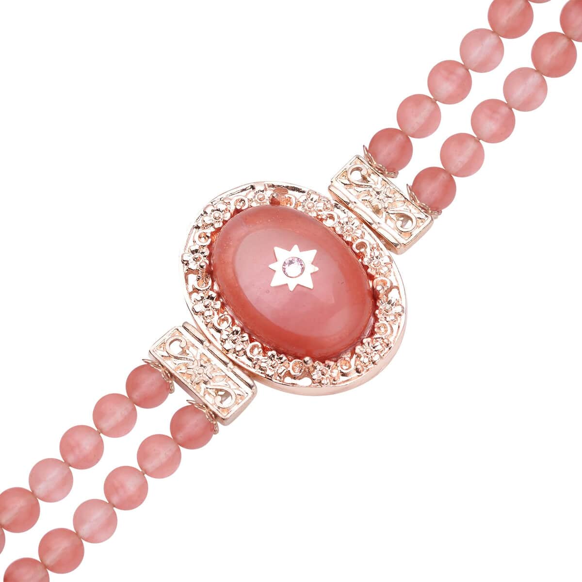 Cherry Quartz and Pink Austrian Crystal Two Row Beaded Bracelet in Rosetone (7-8.5In) 57.00 ctw image number 2