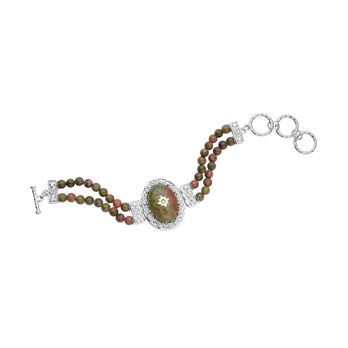 Unakite and Light Green Austrian Crystal Two Row Beaded Bracelet in Silvertone (7-8.5In) 77.50 ctw image number 0