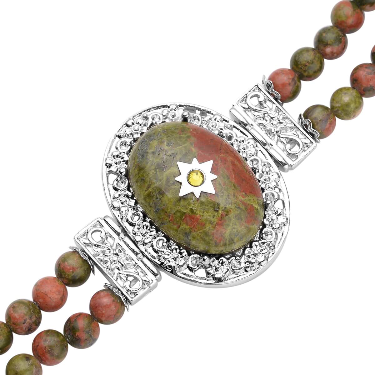 Unakite and Light Green Austrian Crystal Two Row Beaded Bracelet in Silvertone (7-8.5In) 77.50 ctw image number 2