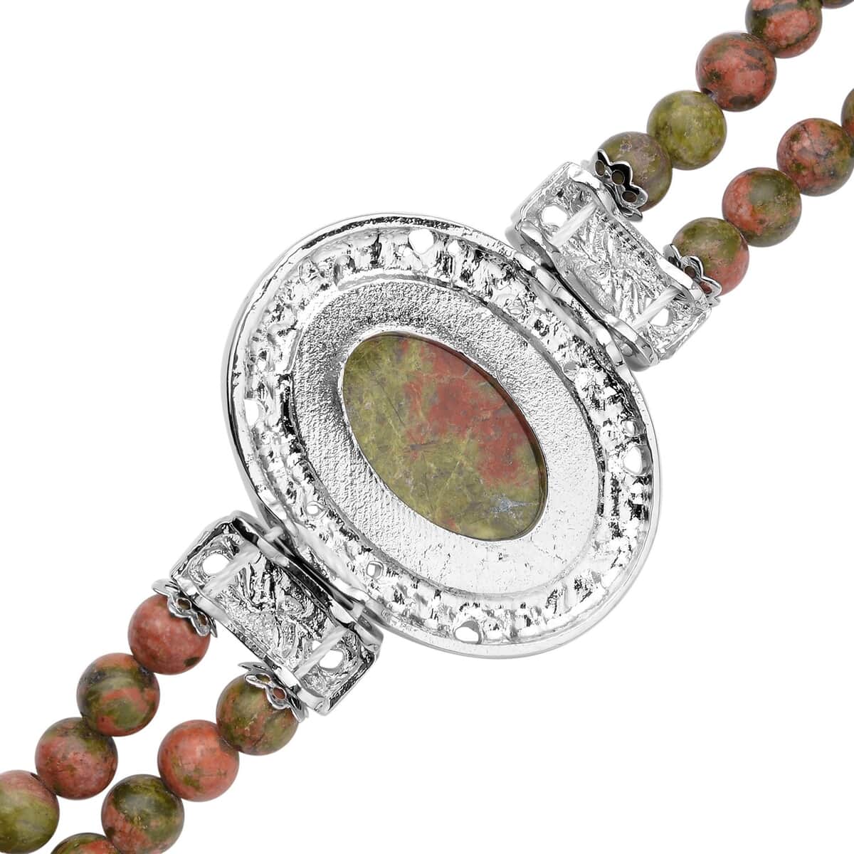 Unakite and Light Green Austrian Crystal Two Row Beaded Bracelet in Silvertone (7-8.5In) 77.50 ctw image number 3