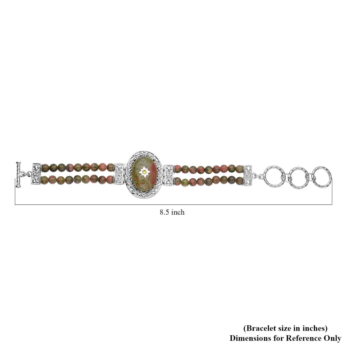 Unakite and Light Green Austrian Crystal Two Row Beaded Bracelet in Silvertone (7-8.5In) 77.50 ctw image number 4